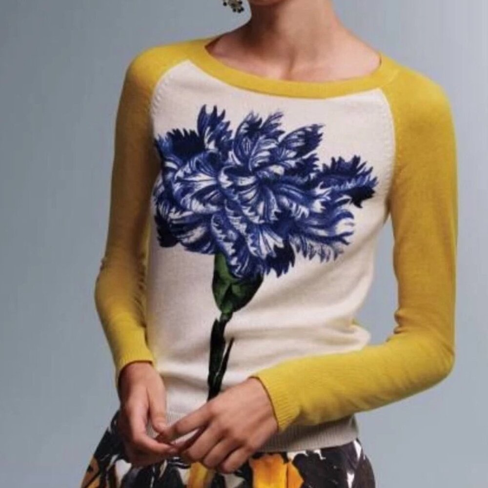 Samantha Sung 100% Cashmere Wild Flower Sweater Yellow, Size S, New with Tag